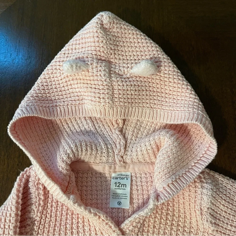 Carter’s | Pink Bear Ears Hooded Knit Cardigan | 12 mo